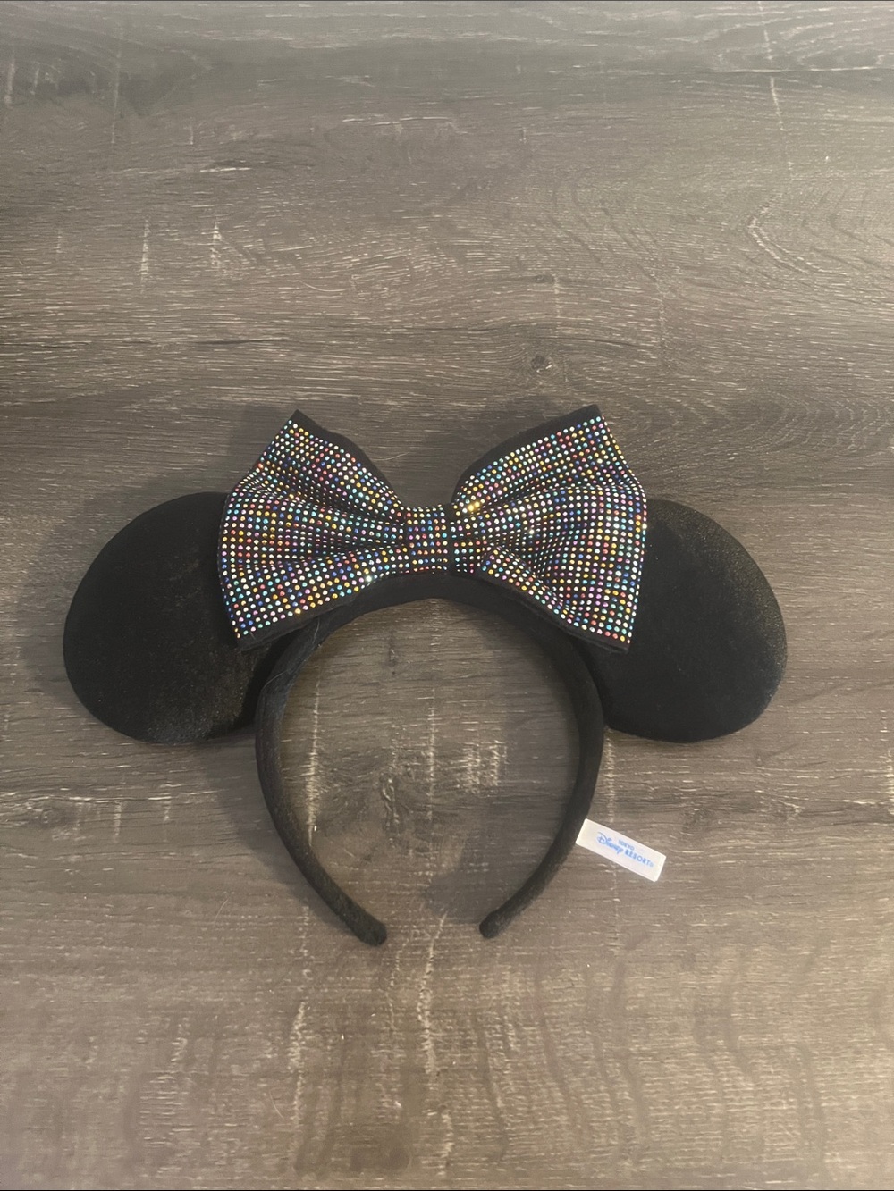 Disney Black Minnie Ears Headband with Multicolor Rhinestone Bow